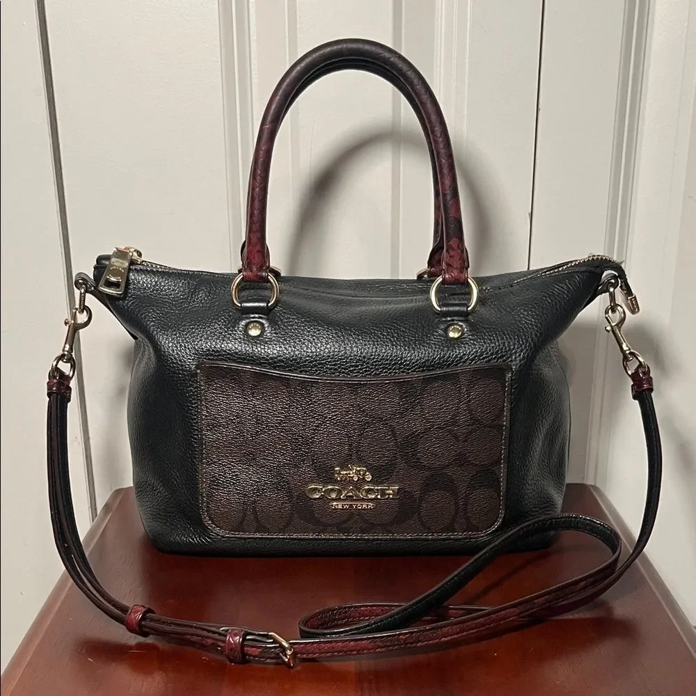 Coach Exotic Mini Emma Satchel Top Handle Python Accent Black Brown Leather Bag